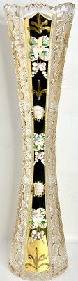 Vintage Bohemian Czech Kristall Vase 24ct vergoldet Emaille Blumen 12 cm
