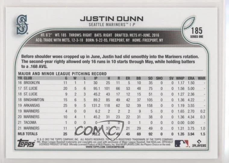 2022 Topps Series 1 1st Edition Justin Dunn #185 - Image 2 of 2