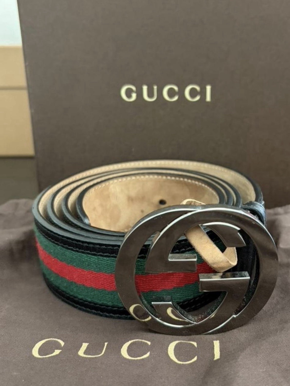 Gucci Men's Striped Belt Black Green Red GG Buckle Adjustable Designer Size 42