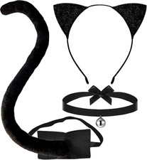3-Piece Black Cat Ears and Tail Costume Accessory Set - Cat Ears Headband, Long