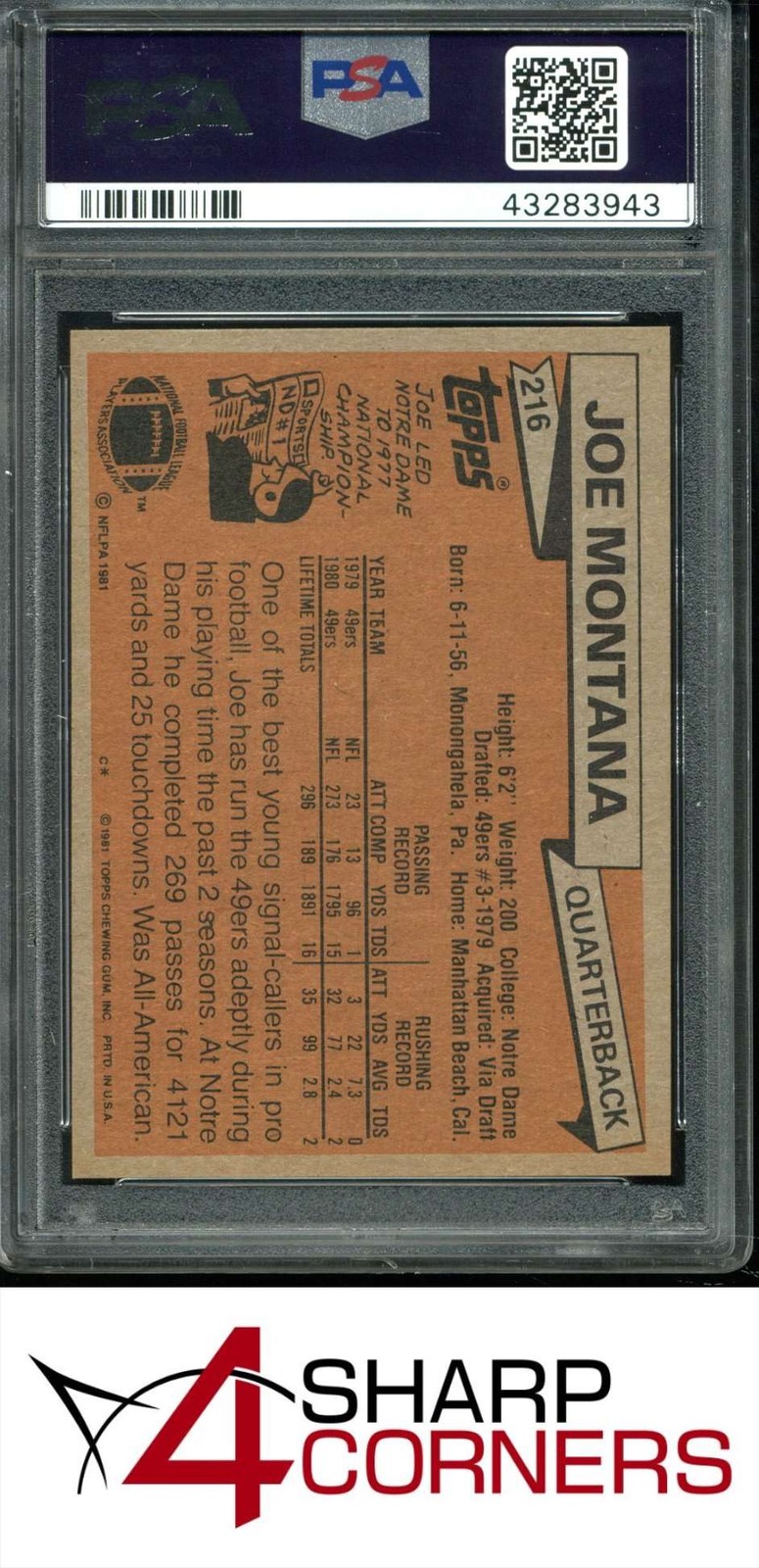 1981 TOPPS #216 JOE MONTANA RC 49ERS HOF PSA 8 view 2