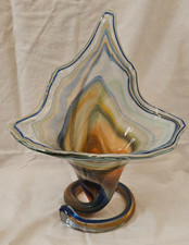 MCM Hand-Blown Art Glass Murano Style Swirl Art Trumpet Vase Spiral Base Large