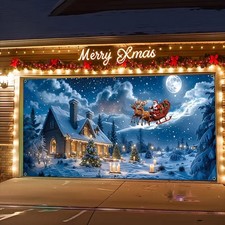 Snowy Village Winter Christmas Garage Door Cover Door Banner Holiday Backdrop