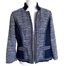 Chicos Blue White Blazer Jacket 3/4 Sleeve with Chambray Panels Beaded Trim Sz 1