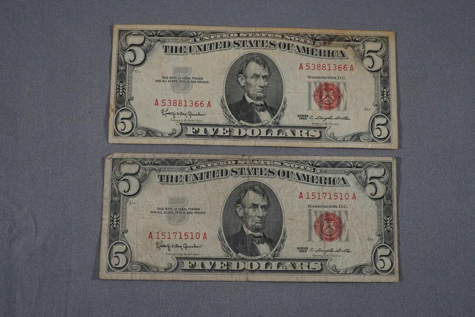 Lot of 9 Five 5 Dollar Notes - Red Seals 1963 x 2 1953 x 4 1953 x 2 1934 x 1 - Image 2 of 4