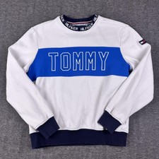 Tommy Hilfiger Sweatshirt Mens Large White Blue TOMMY Logo Crewneck Fleece
