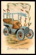 Postcard Birthday Greeting, Car Decorated with Flowers Embossed