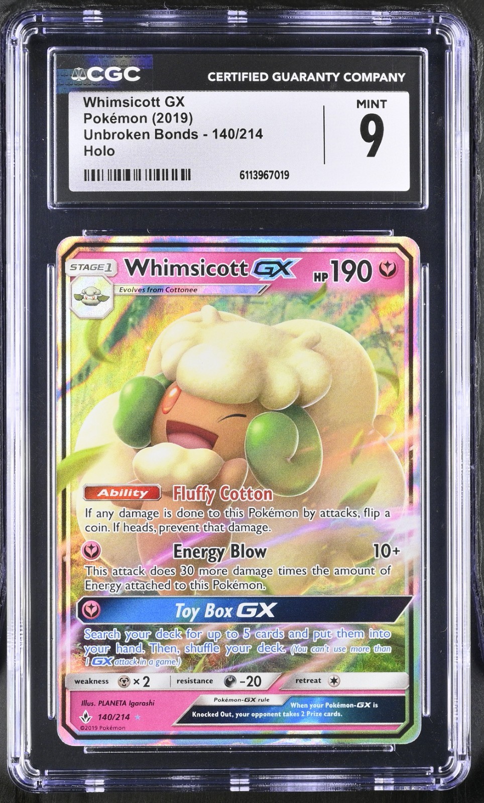 POKEMON WHIMSICOTT GX 140/214 2019 UNBROKEN BONDS ULTRA RARE HOLO CGC 9 MINT!!!!
