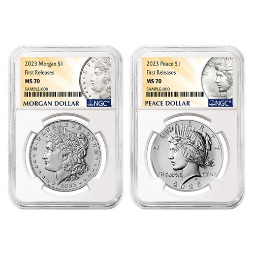 2023 $1 Morgan and Peace Silver Dollar 2pc Set NGC MS70 FR Morgan & Peace
