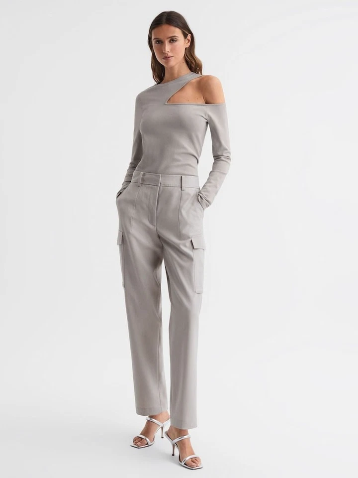 REISS Lucille Fitted Cut-Out Long Sleeve Top in Stone Size L (UK Size 14) - Image 3 of 4