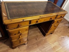 Pine Ducal Desk With Brown Leather Top On Castors