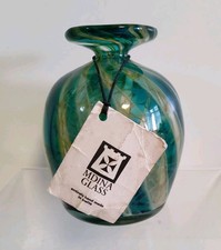 Mdina  Art Glass Aqua Blue Stripe Sea Vase Signed Mdina On Base 
