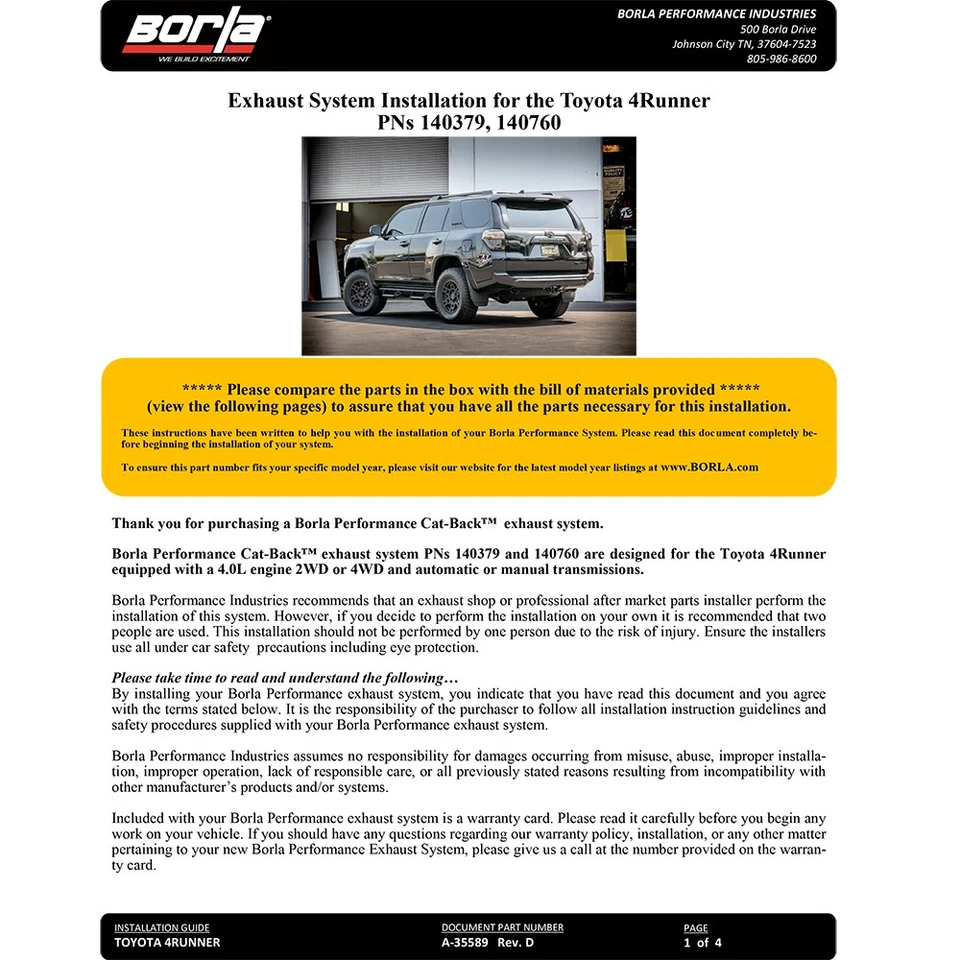 Escape trasero Borla 140379 Touring acero inoxidable gato para 10-24 Toyota 4Runner 4,0 L V6 Foto 4 de 4