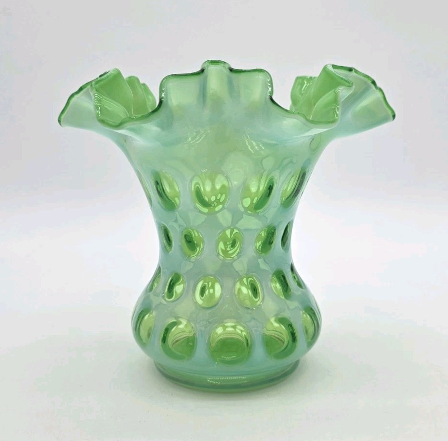 Vintage Fenton Glass Lime Green Opalescent Coin Dot Ruffled Vase
