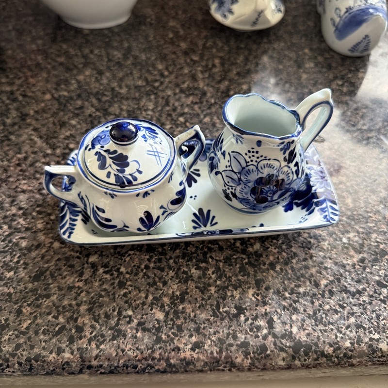 Hand Painted Delft Blue And White Sugar Dish and creamer