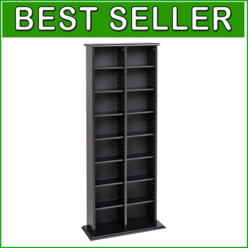 Compact Black Media Storage Tower - Adjustable Shelves & Space Efficient Design