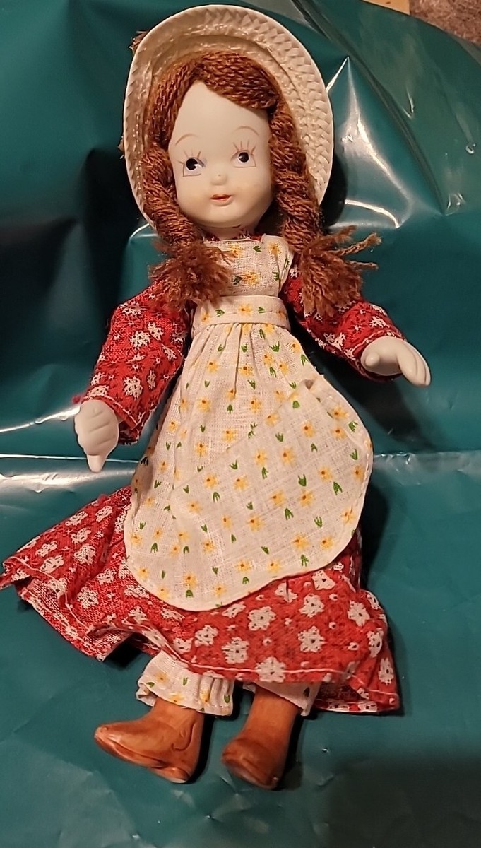 Porcelain Doll in Old Country Style Dress Hat Boots Red Braided