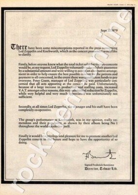 Led Zeppelin Knebworth Frederic Bannister Apologies MM9 Advert 1979