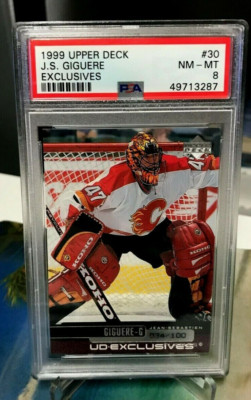 1999 JS GIGUERE RC PSA 8 UD EXCLUSIVES #34/100 ROOKIE #30 CALGARY FLAMES 