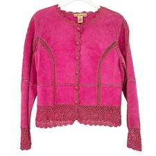 Suede Essentials Womens Leather Crochet Trim Button Front Jacket Size S Pink