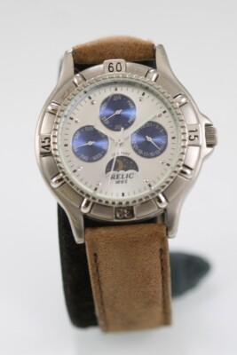 Relic Wet Watch Men Stainless Steel 50m Leather Brown Moon Month Day Date Quartz