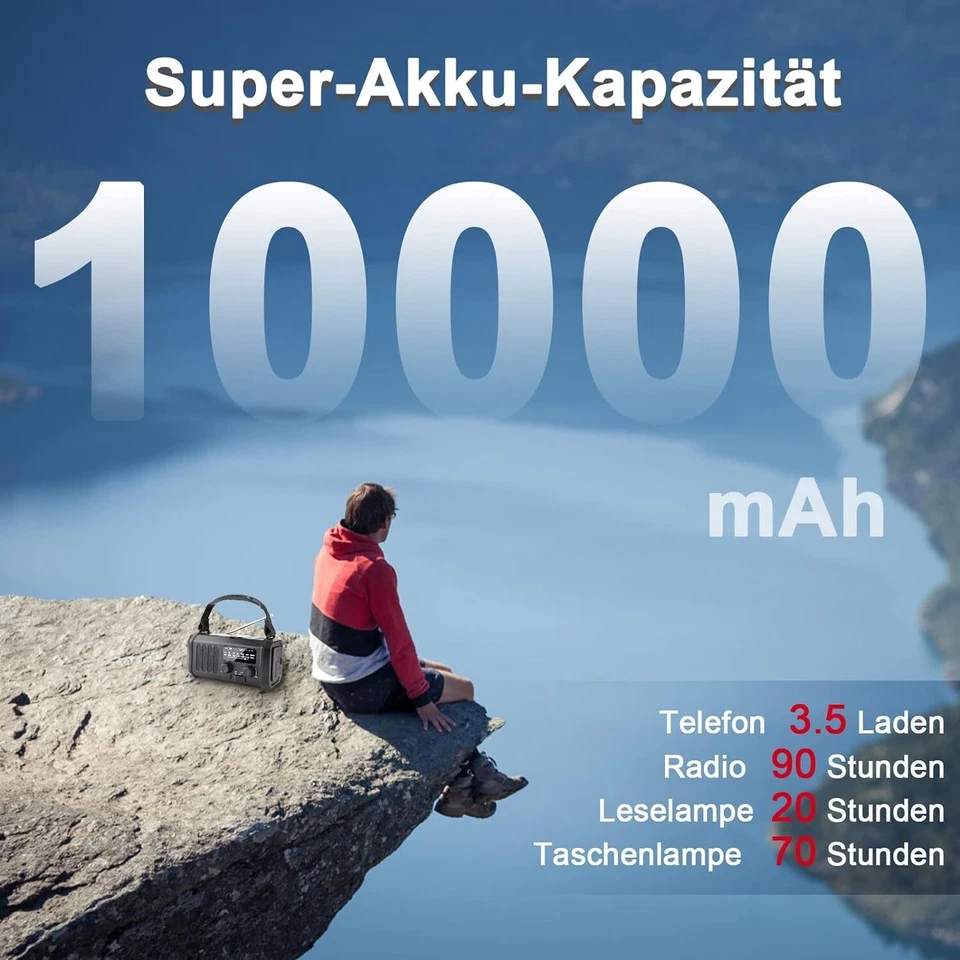 Kurbelradio 10000mAh Solar Radio Power Bank Camping Lampe Kompass Licht SOS F179 - Bild 4 von 4