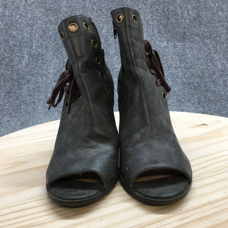 Botas de lavandería hippie para mujer 10 botines al tobillo gris imitación cuero peep cremallera tacones Foto 4 de 4