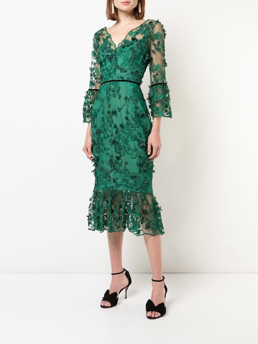 Marchesa Notte Green Embroidered Tea Length Fit Flare Flower Dress Sz 2 NWT $795 Marchesa Notte Green Embroidered Tea Length Fit Flare Flower Dress Sz 2 NWT $795
