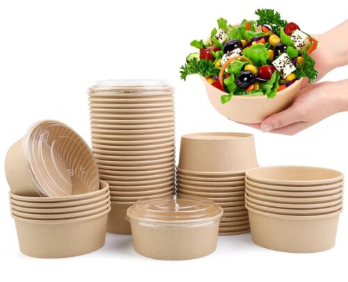 25 oz 50Pcs Paper Bowl With Lids, Kraft Paper Salad Bowl, Paper Food Cups for...