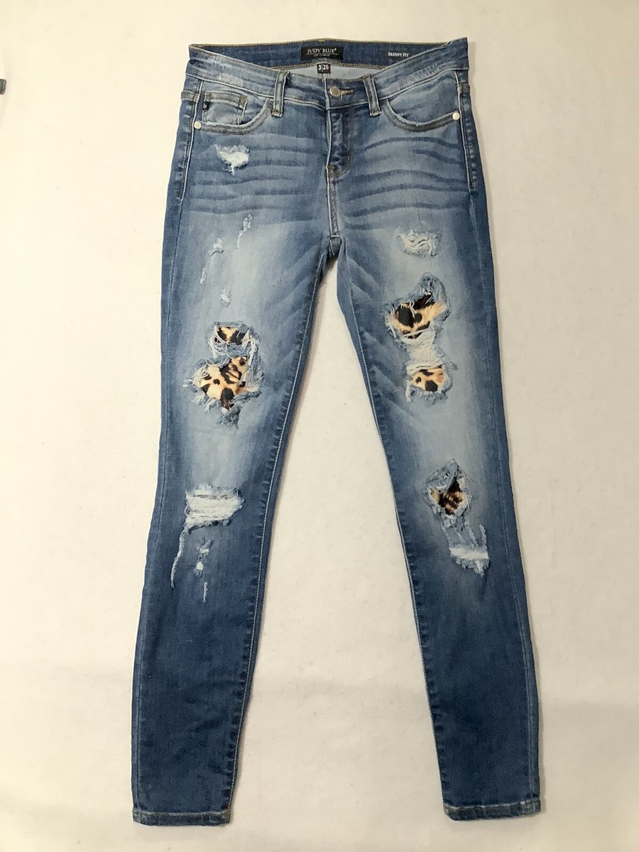 Judy Blue Womens 3/26 Jeans Blue Distressed Skinny Fit Leopard Patch Denim
