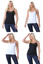 Pack of 2 Ladies 100% Cotton Lace Trim Neck Summer Vest Top Cami Camisole Tank