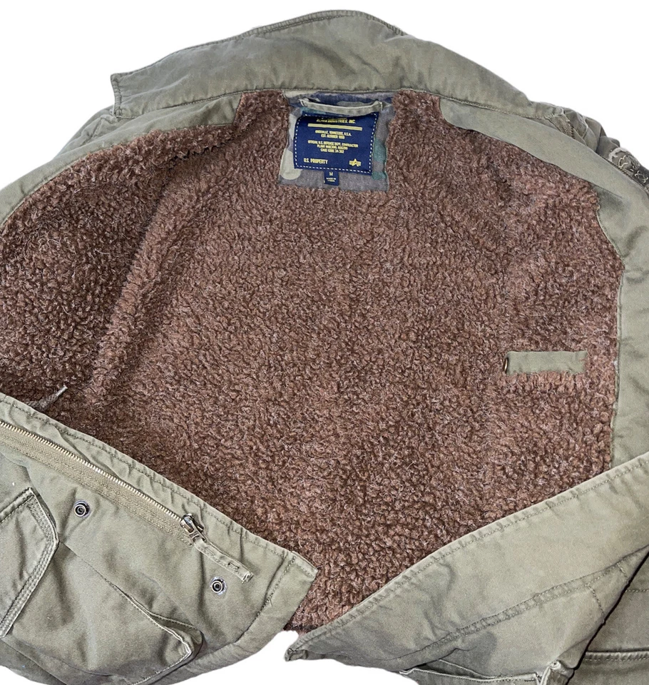 Alpha Industries Mens Sherpa Lined Anorak Style Coat Sz M Olive Green Zip  - Image 3 of 4
