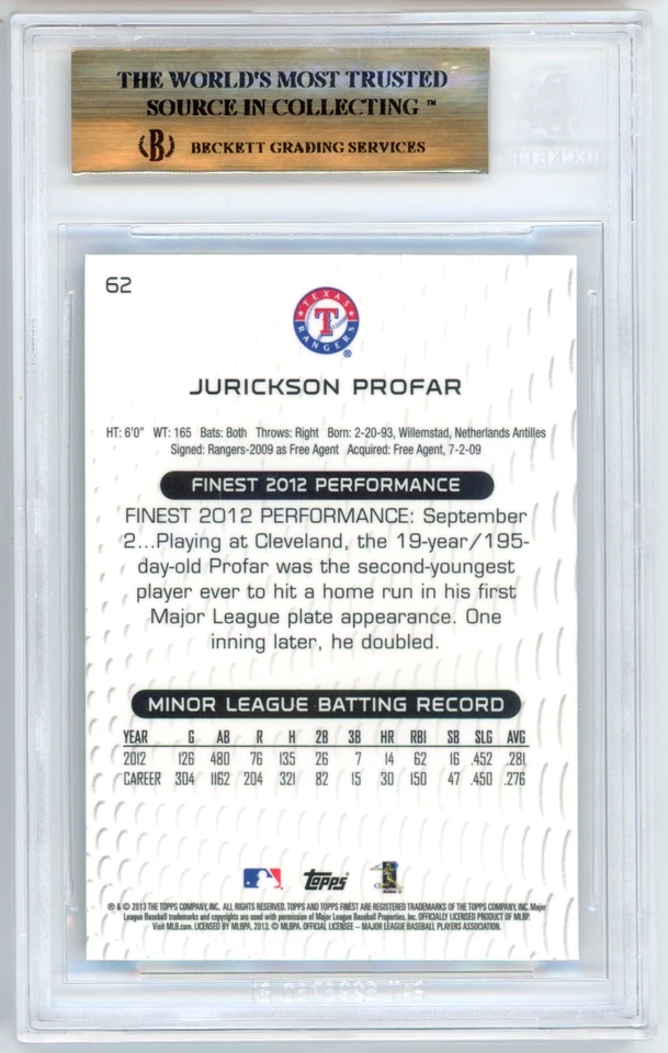Jurickson Profar RC BGS 9.5: 2013 Finest Rookie Card Gem Mint Plus #62 - Image 2 of 3