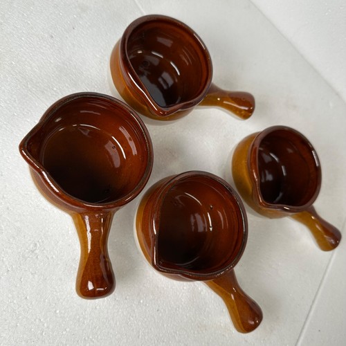 Set of 4 Vintage Small French Onion Soup Style Crocks Handled Bowls Brown Glazed - Picture 3 of 6