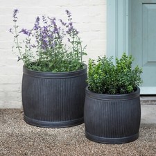 Round Bathford Dolly Tub Planter, Rustic Grey Ribbed Fibre Clay Plant Pot Bucket