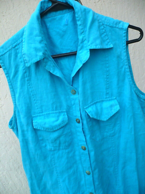 VTG TURQUOISE LINEN BUTTON UP FRONT SHIRT DRESS S SLEEVELESS WOMEN POCKET VTG TURQUOISE LINEN BUTTON UP FRONT SHIRT DRESS S SLEEVELESS WOMEN POCKET