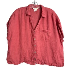 C&C California 100% Linen Boxy Top Womens XL Dusty Red Button Front Lagenlook
