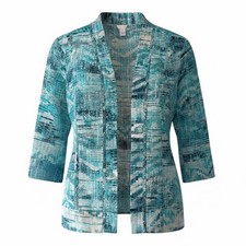 Chicos Teal Blue Abstract Ikat Open Front Cardigan Jacket 3/4 Sleeve Size 2 L