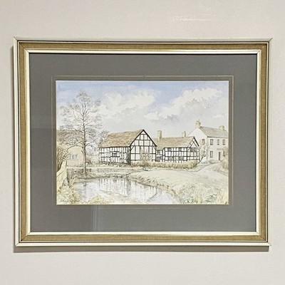 Vintage Baumwollhäuser Aquarell Landschaft signiert Patricia Allport 1988 gerahmt