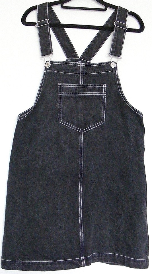 Factorie OVERALLS DRESS Black Denim bib & brace Short lgth Pockets ~ Women sz L