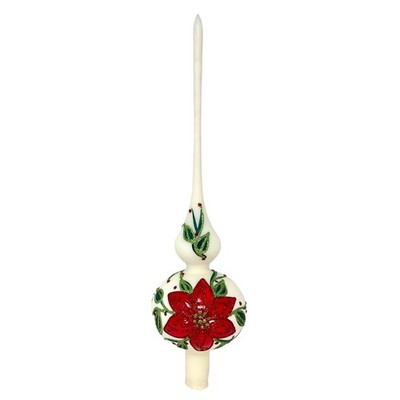 Pinnacle Peak Poinsettia Design White Polish Glass Finial Christmas Tree Topper