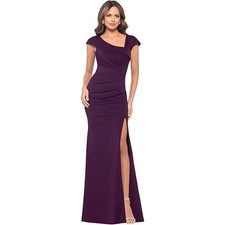 Xscape Lenore Long Asymmetrical Neckline Techno Scuba Gown Plum Dress Size 4 NWT