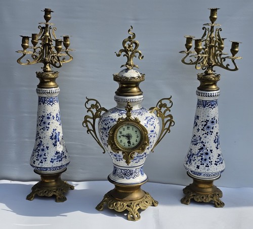 Delft Blue And White Clock Set Graniture Timepiece Movement Impressive Size 80cm - Picture 12 of 24