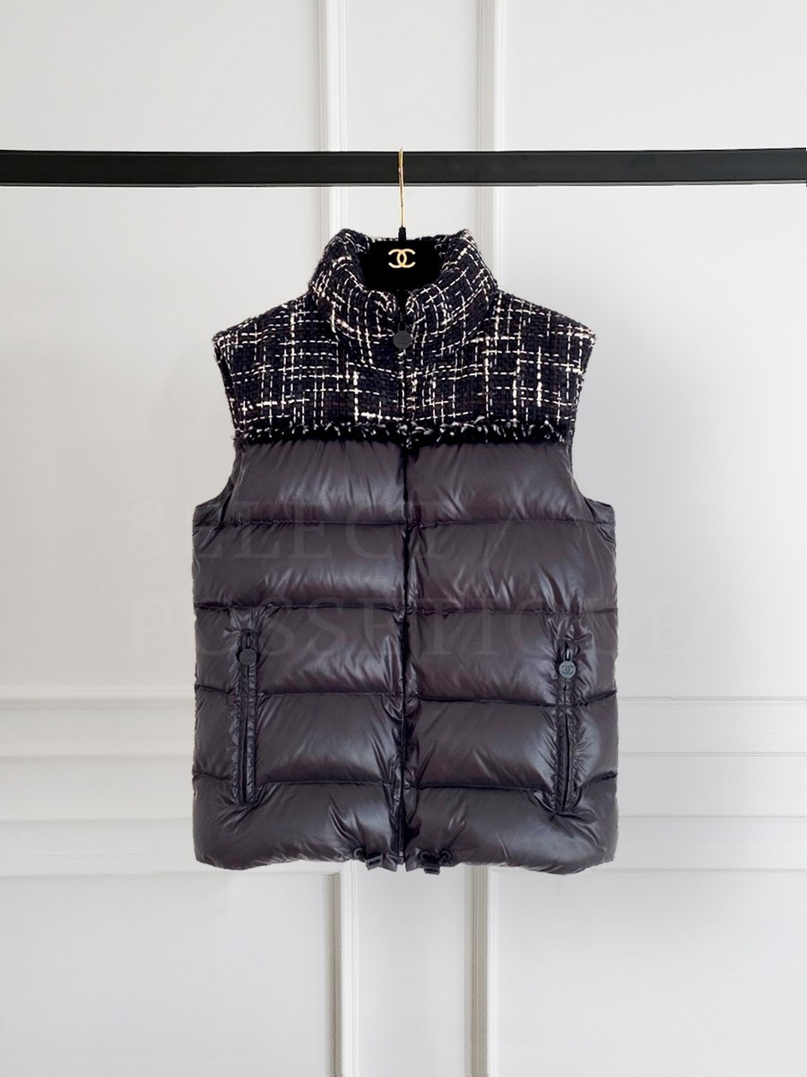 NWT CHANEL 18A COCO NEIGE RIBBON LOGO TWEED BLACK PUFFER DOWN VEST FR46 View 3