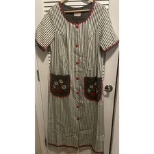 Vtg Gilead Shirt Dress Maxi Striped Buttons Pockets Embroidered Floral M USA