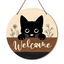 Black Cat Welcome Sign Decor for House Front Door, Cat Lover Gifts Welcome Wo...