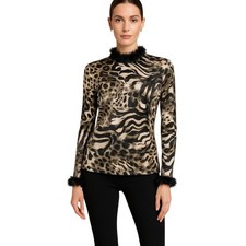 Animal Print Blouse with Feather Trim   Patricia Tovar Dise os   Size 12.