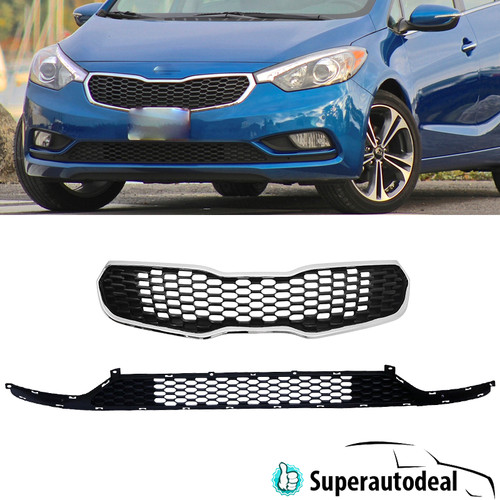 Pair For 2014-2016 Kia Forte Front Bumper Upper Lower Grille Honeycomb Assembly