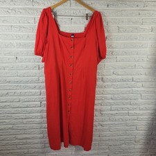 Old Navy Womens Dress XXL Plus Midi Puff Sleeve Pleated Smocked Red Linen Rayon