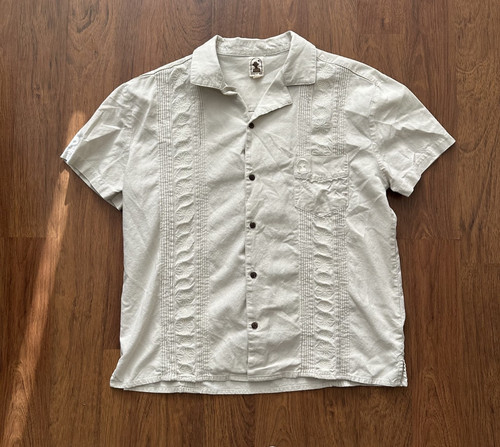 Dandy Del Mar Brisa Linen shirt mens L beige Floral Embroidered button up camp